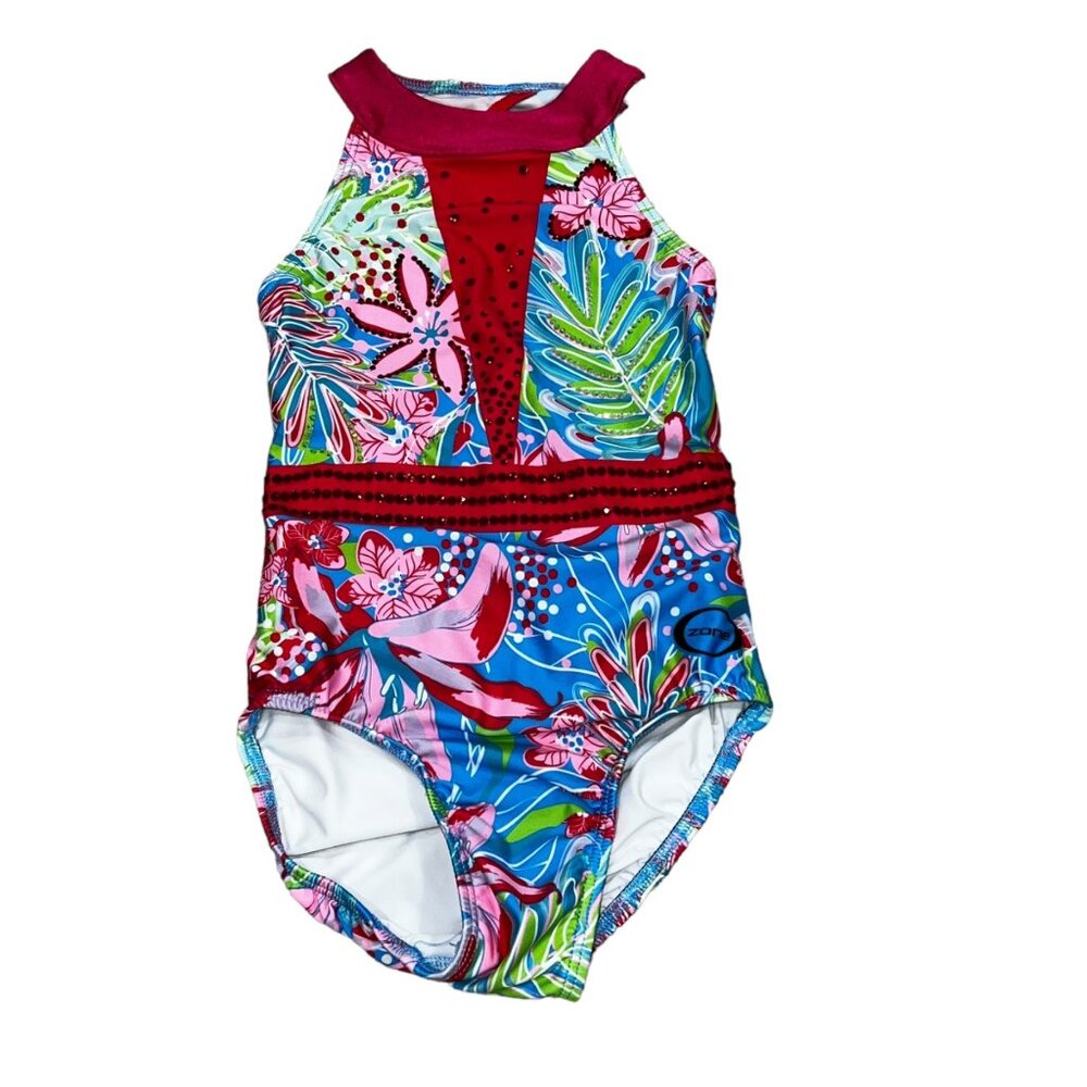 OZone Youth Large Tropical Floral Rhinestone Embellished Gymnastics Leotard